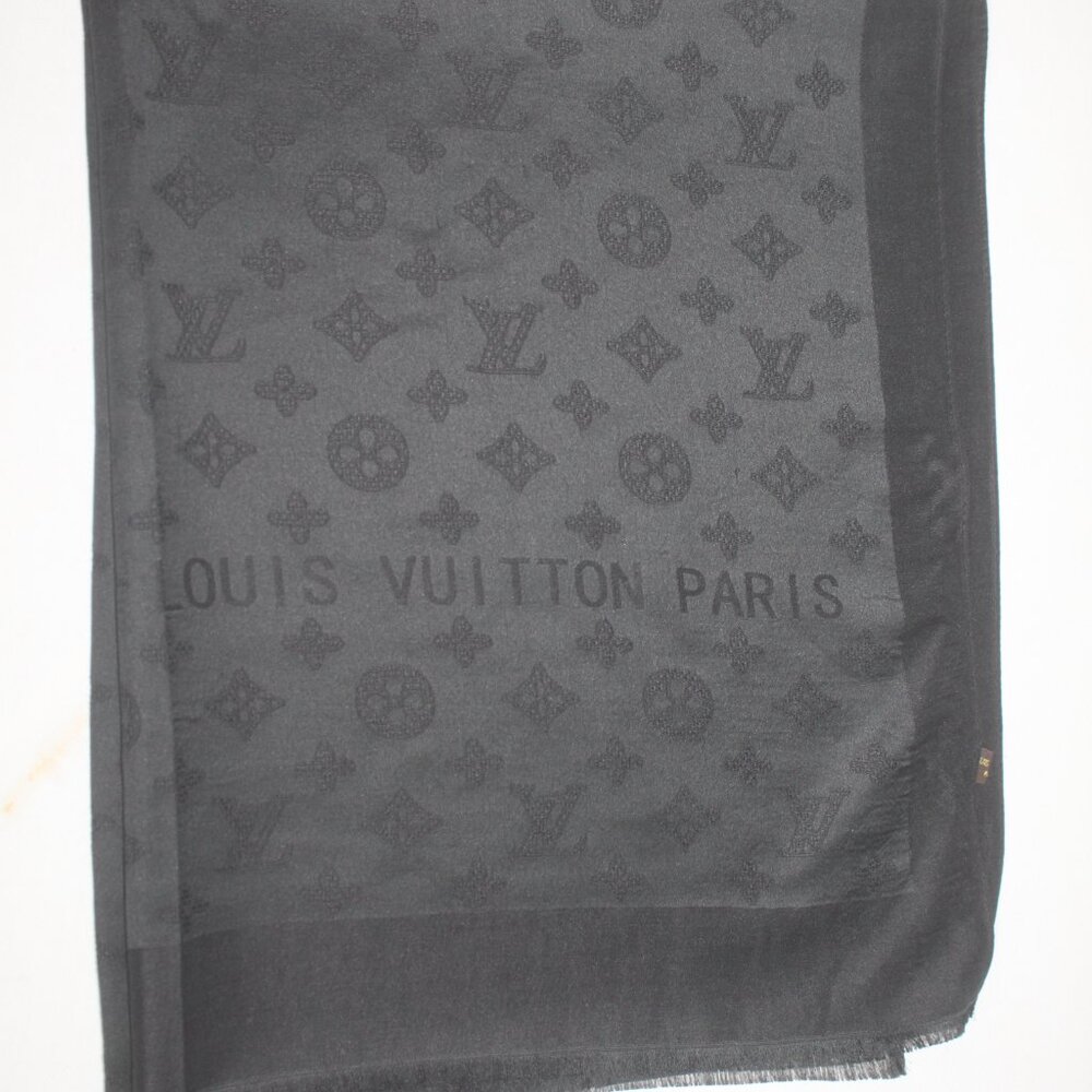 Authentic Louis Vuitton Scarf Wrap Shawl 65% Cashmere 35% Silk Black Used - Picture 7 of 10